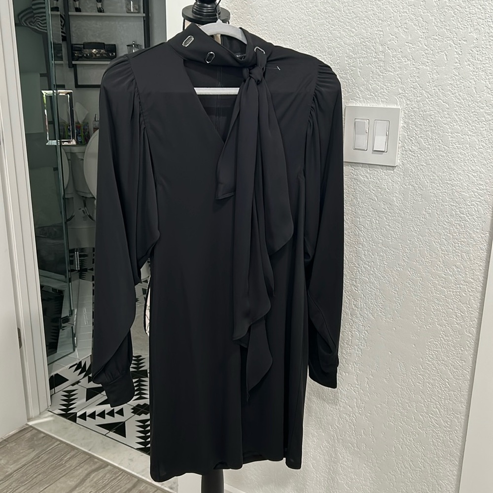 White House black market, medium black long sleeve dress with tie neck
